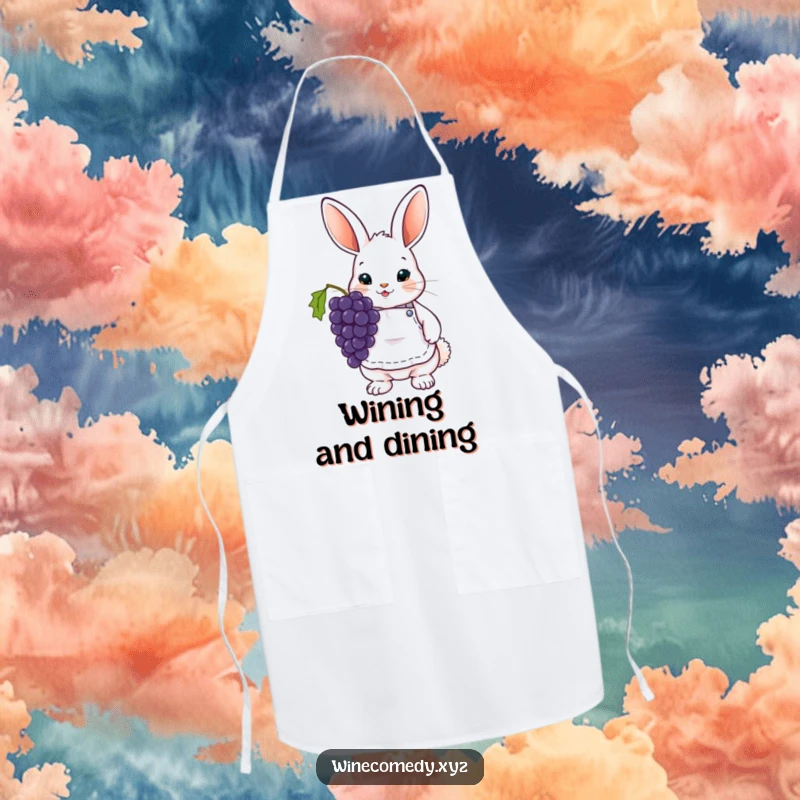 Funny Apron with a cute bunny wearing a tiny wine apron and holding grapes, ready for culinary delights.