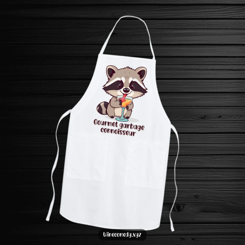 Funny raccoon artistically swirling wine in a tiny glass while wearing an apron, ready for kitchen fun.