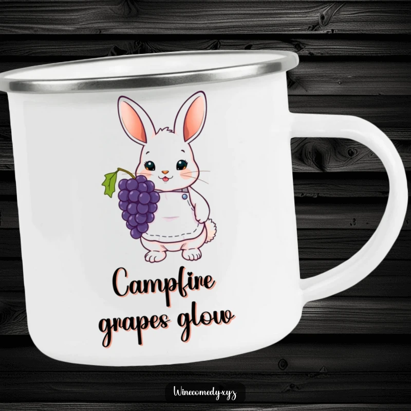 Funny Camping Mug featuring a cute bunny wearing a wine apron and holding grapes, ideal for outdoor enjoyment.