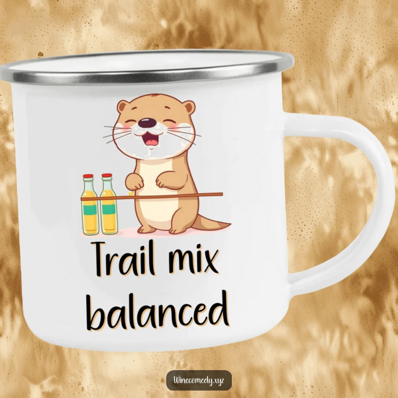 Funny giggling otter trying to balance small bottles, printed on a durable enamel camping mug.