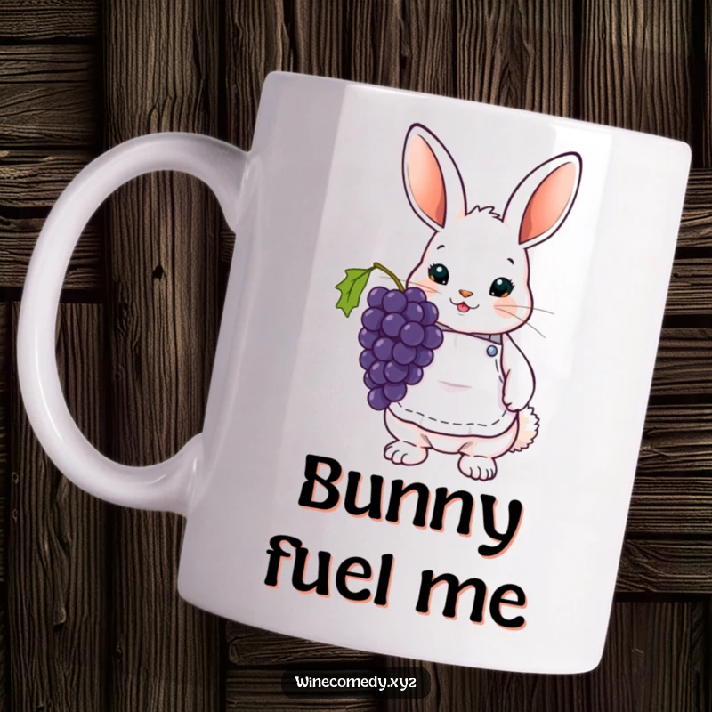 Funny Mug featuring a cute bunny wearing a tiny wine apron and holding grapes, embodying a tiny sommelier.