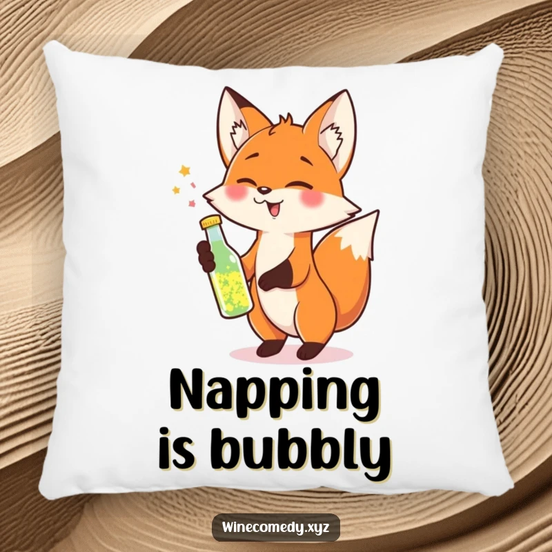 Funny Pillow featuring a cheerful fox tipping a small bottle of sparkling liquid, perfect for cozy celebrations.