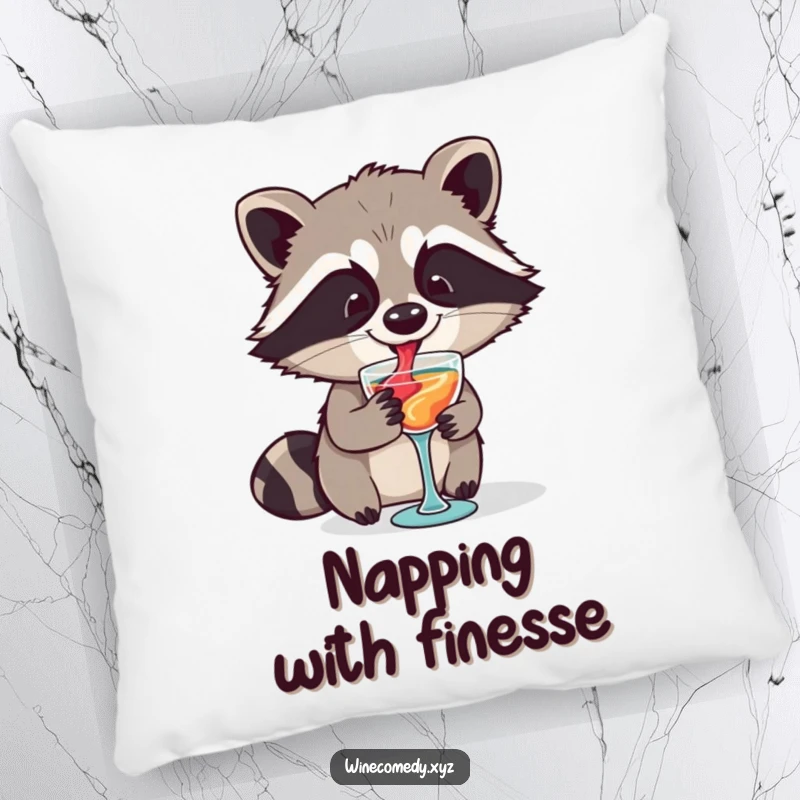 Funny raccoon artistically swirling wine in a tiny glass, depicted on a soft, plush pillow for maximum comfort.