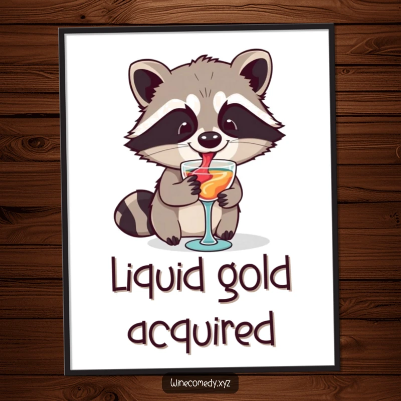 Funny raccoon artistically swirling wine in a tiny glass, available as a high-resolution digital art print.