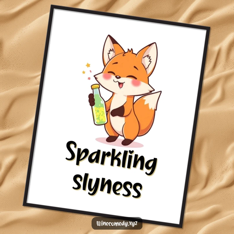 Funny Digital Art Print of a cheerful fox tipping a small bottle of sparkling liquid, radiating festive fun.