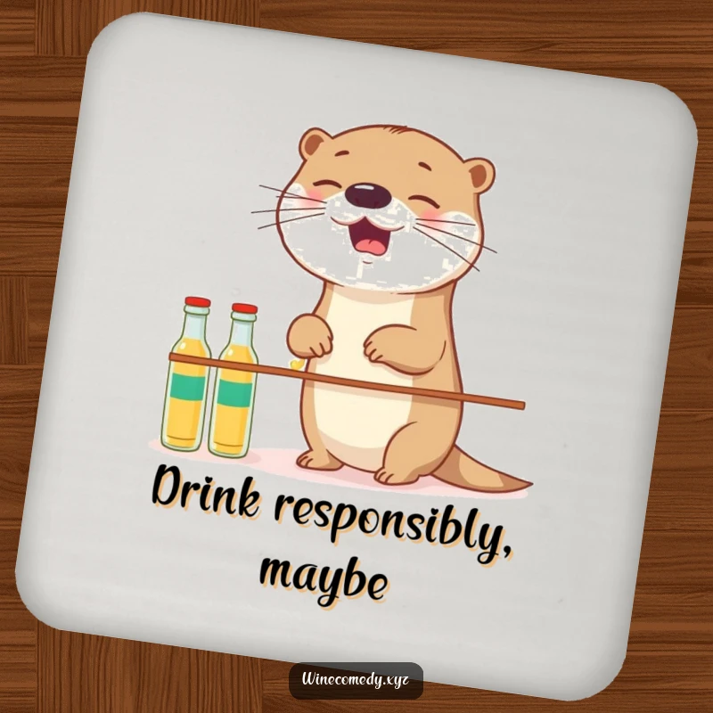 Funny giggling otter trying to balance small bottles, designed as a set of protective drink coasters.