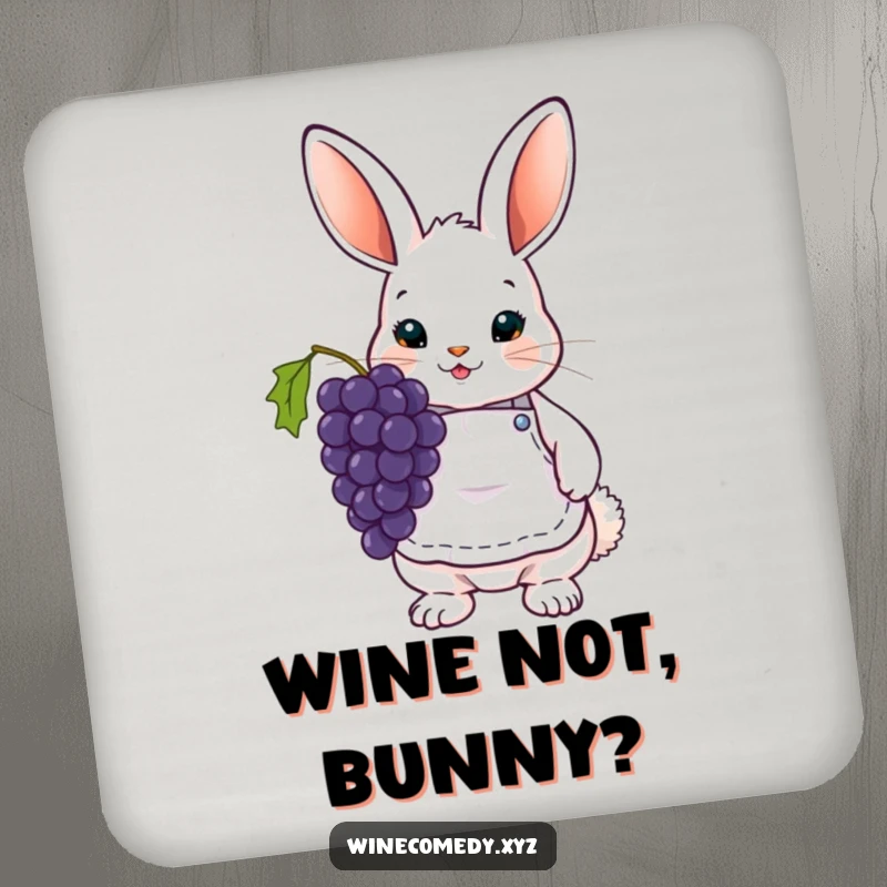 Funny Coaster set depicting a cute bunny wearing a tiny wine apron and holding grapes, adding a wine theme.