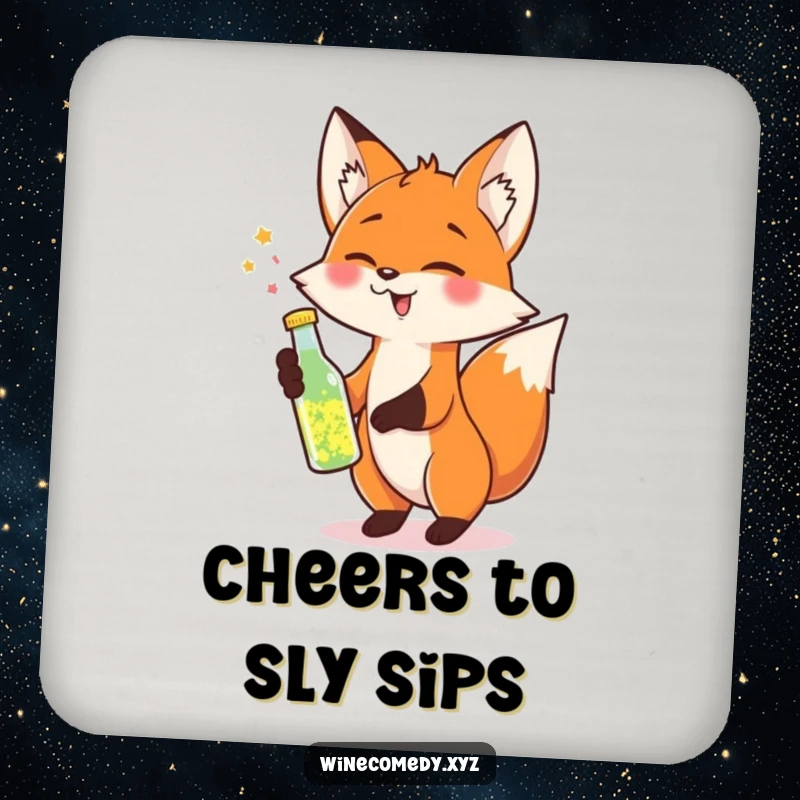 Funny Coaster set depicting a cheerful fox tipping a small bottle of sparkling liquid, adding a festive touch.