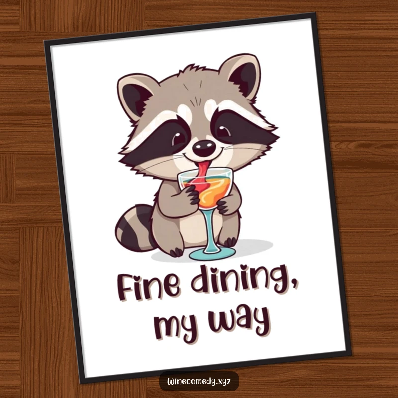 Funny raccoon artistically enjoying a miniature wine glass, printed as a vibrant poster, perfect for home decoration.