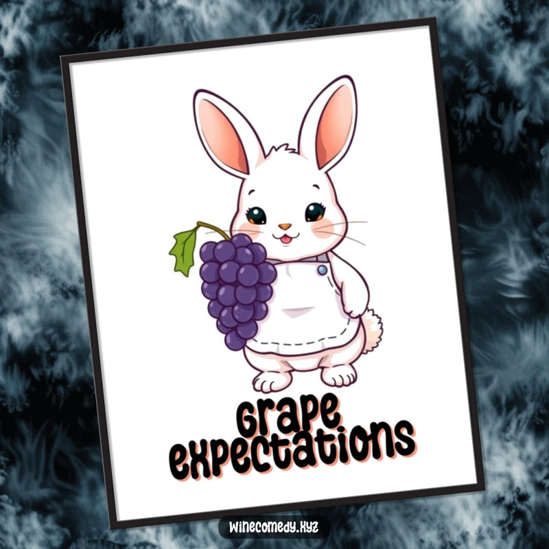 Funny Poster showing a cute bunny wearing a tiny wine apron and holding grapes, embodying a tiny wine expert.