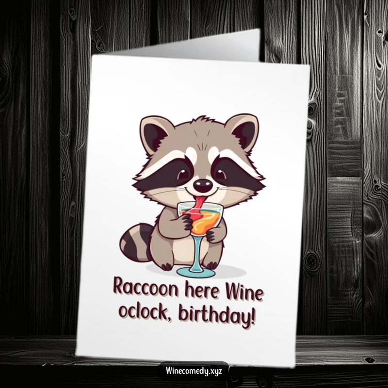 Funny Free Printable Birthday Card: Smiling Raccoon connoisseur swirling wine in a tiny glass, ready to party.