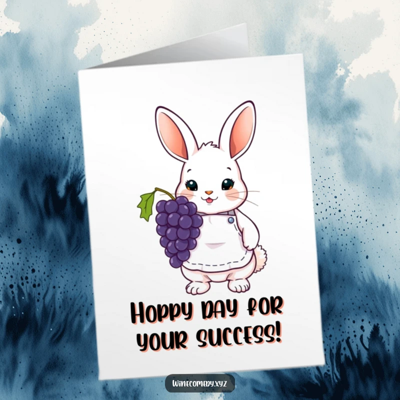 Funny Free Printable Congrats Card: Bunny in wine apron holding grapes, celebrating a win.