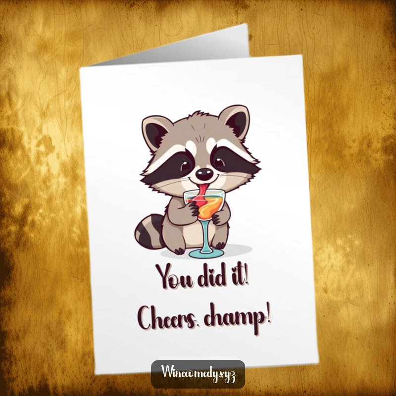 Funny Free Printable Congratulations Card: Happy Raccoon joyfully swirling wine in a small glass, celebrating success.