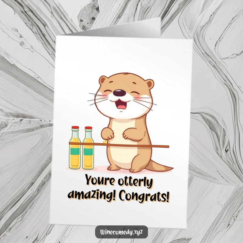 Funny Free Printable Congratulations Card: Happy Otter giggling while balancing a tower of small bottles, celebrating a win.
