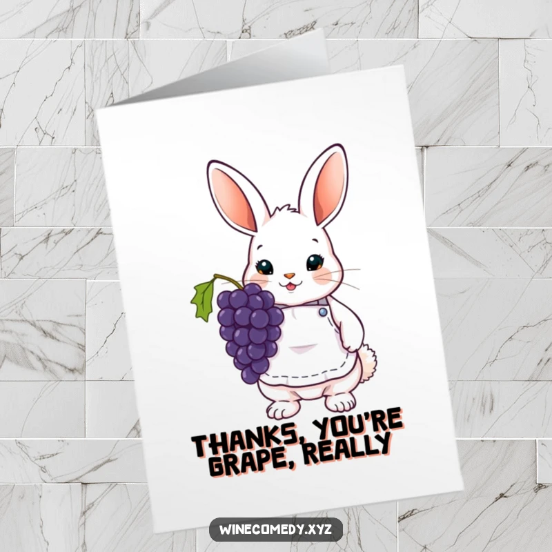 Funny Free Printable Thank You Card: Cute bunny wearing wine apron, holding grapes, saying thanks.