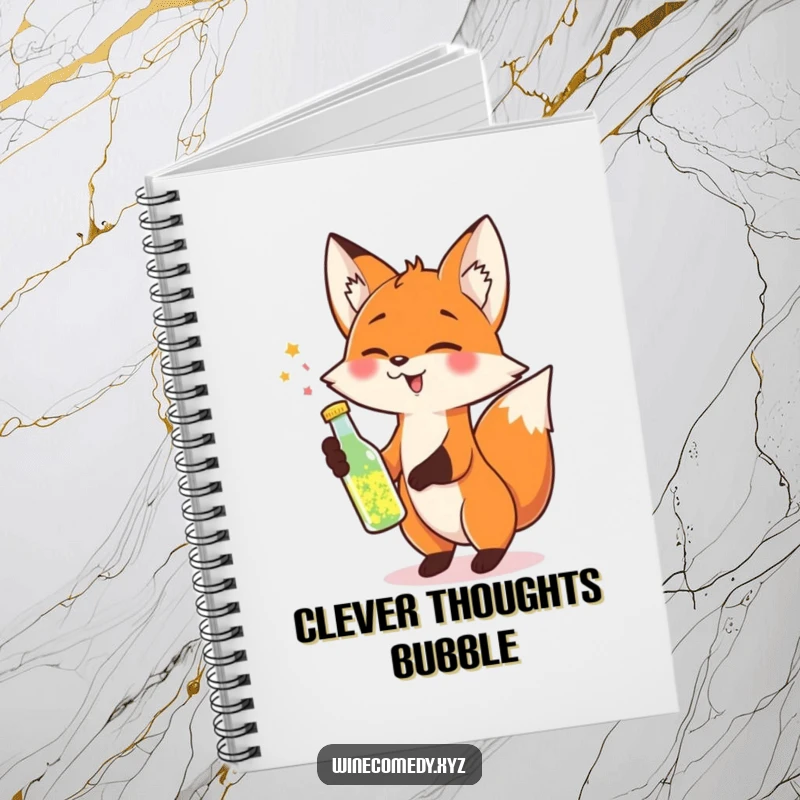 Funny Notebook with a cheerful fox tipping a small bottle of sparkling liquid, perfect for jotting party ideas.