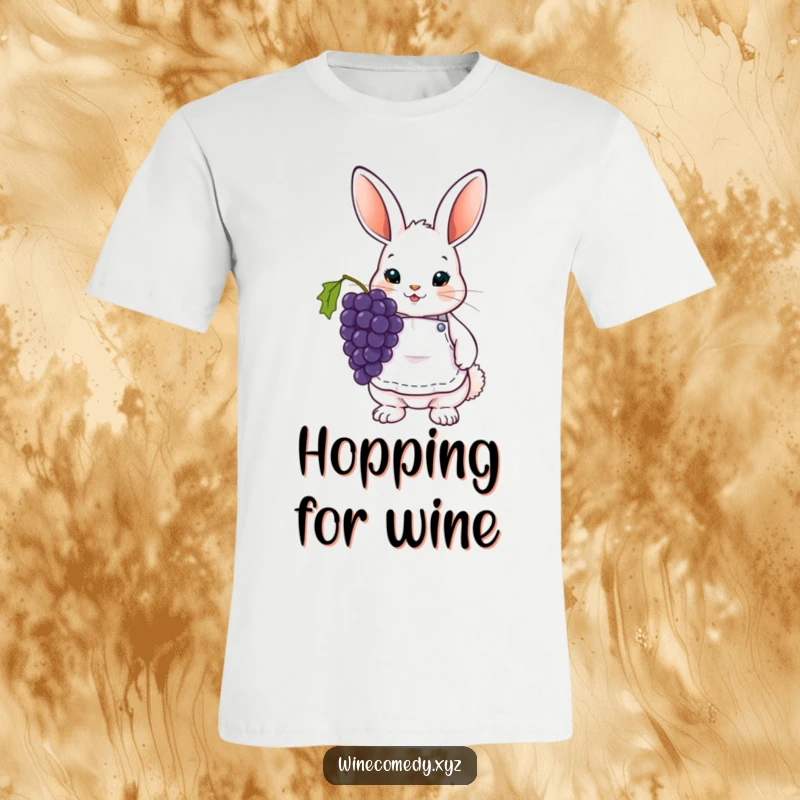 Funny T-Shirt showing a cute bunny wearing a tiny wine apron and holding a bunch of grapes, ready for wine tasting.