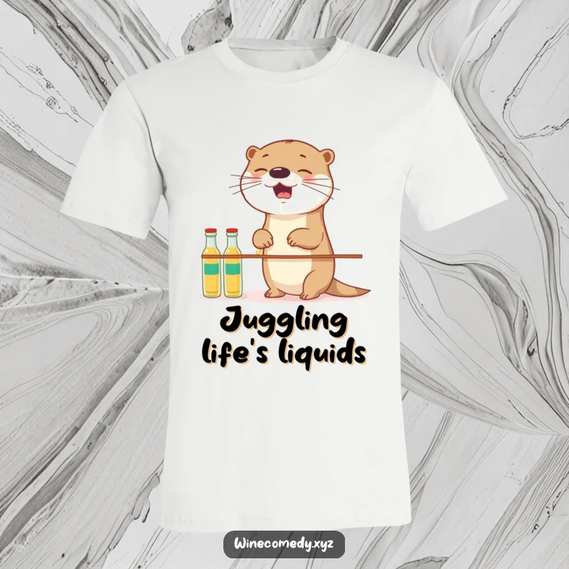Funny giggling otter trying to keep small bottles from falling, printed on a soft t-shirt for maximum comfort.
