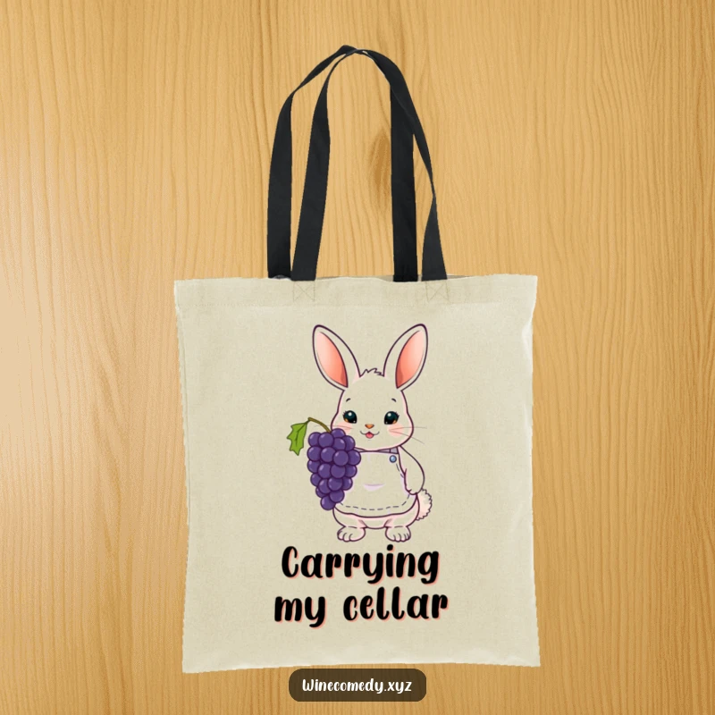 Funny Tote Bag with a cute bunny wearing a tiny wine apron and holding grapes, perfect for wine lovers.