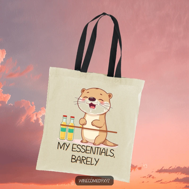 Funny giggling otter trying to balance small bottles, showcased on a durable canvas tote bag.